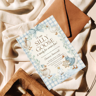 Invitation Fête de bébé Silly Goose Hiver Gingham Bleu