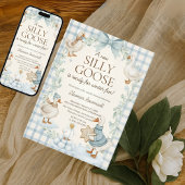 Invitation Fête de bébé Silly Goose Hiver Gingham Bleu