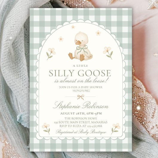 Invitation Fête de bébé Silly Goose Neutral Arch Green Gingha