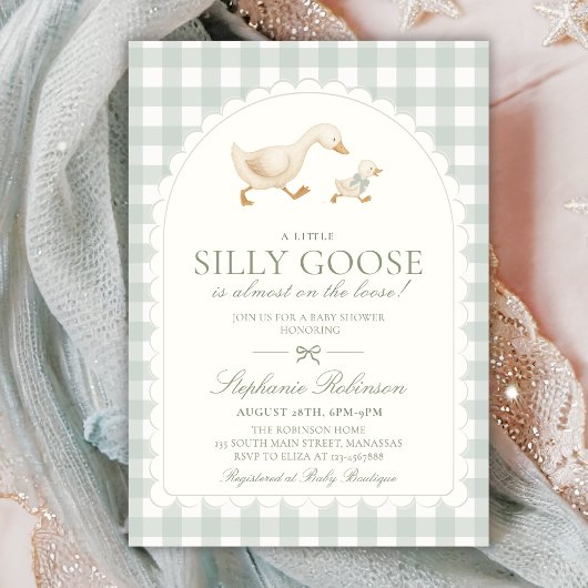 Invitation Fête de Bébé Silly Goose Neutral Arch Vert Gingham