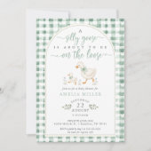 Invitation Fête de Bébé Silly Goose sur Gingham Vert en Liber (Devant)