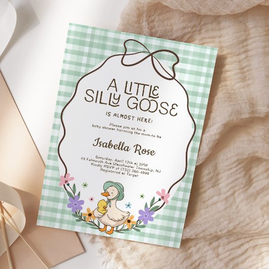 Invitation Fête de bébé Silly Goose Vert Gingham Neutre