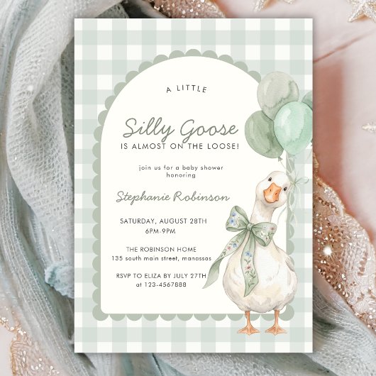 Invitation Fête de Bébé Silly Goose Vert Sauge Gingham Neutre