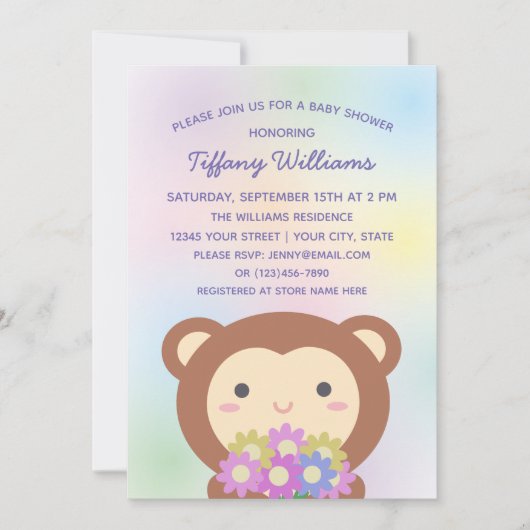 Invitation Fête de bébé singe mignon et fleurs pour bébé de g (Devant)