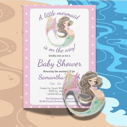 Invitation Fête de bébé sirène marron clair thème paillettes