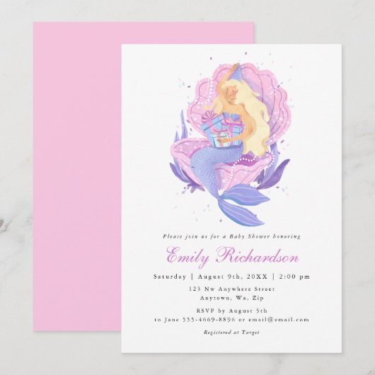 Invitation Fête de bébé sirène miniature rose pastel pour fil (Devant / Derrière)