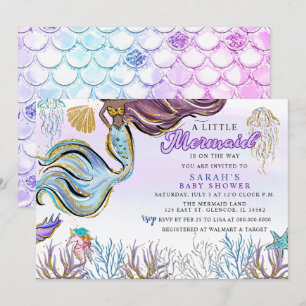 Invitation Fête de Bébé Sirène Moderne Rose Violet Pailleté