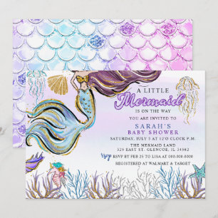 Invitation Fête de Bébé Sirène Moderne Rose Violet Pailletée