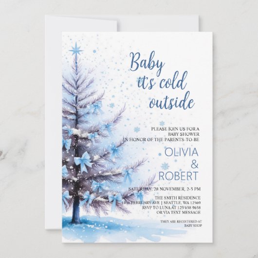 Invitation Fête de bébé sous l'arbre de Noël bleu (Devant)