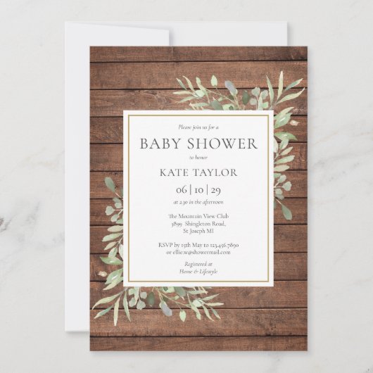Invitation Fête de bébé / Sprinkle de feuillage en bois rusti (Devant)