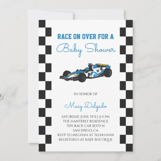 Invitation Fête de Bébé sur le Thème des Voitures de Course (Devant)