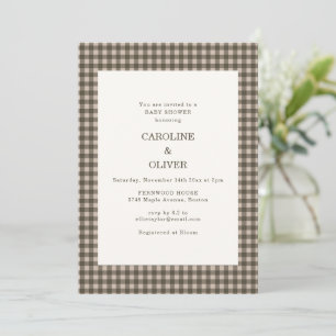 Invitation Fête de bébé Taupe Marron Gingham à carreaux pour 