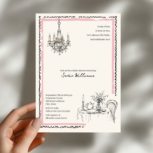 Invitation Fête de bébé Tea Party Fille Coquette Rose