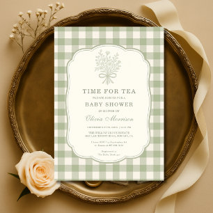 Invitation Fête de bébé Tea Party Gingham Floral Vert Sauge