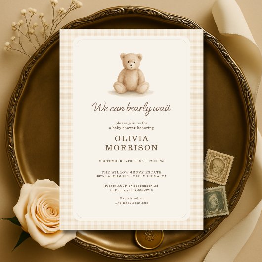 Invitation Fête de bébé Teddy Bear Neutral Gingham