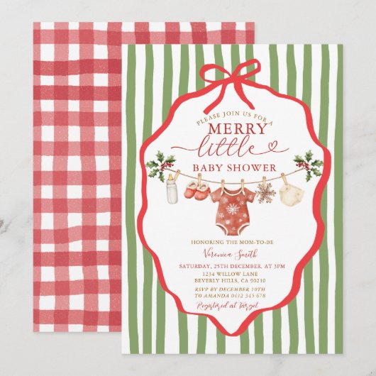Invitation Fête de bébé tenue de ligne verte rayée (Devant / Derrière)