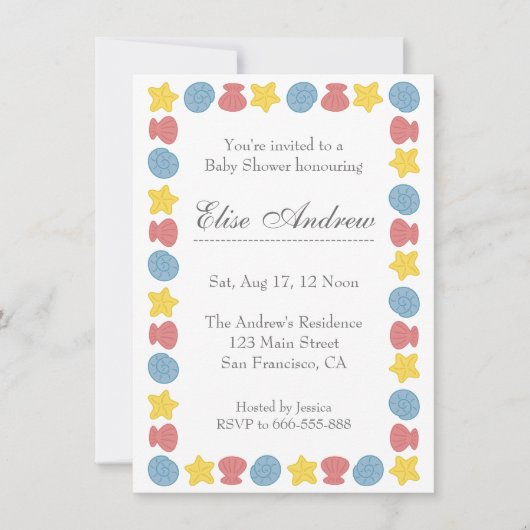 Invitation Fête de bébé thème coquillages colorés (Devant)