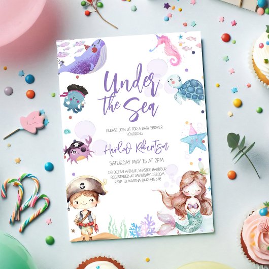 Invitation Fête de bébé thème de la mer et de la sirène