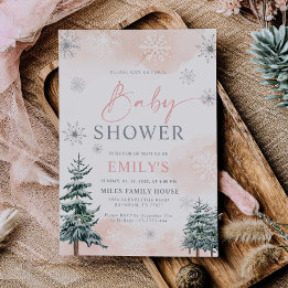 Invitation Fête de Bébé Thème Hiver Rose Pâle
