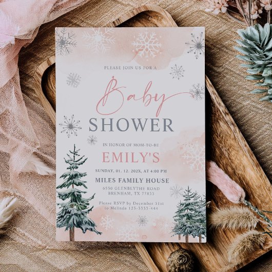 Invitation Fête de Bébé Thème Hiver Rose Pâle