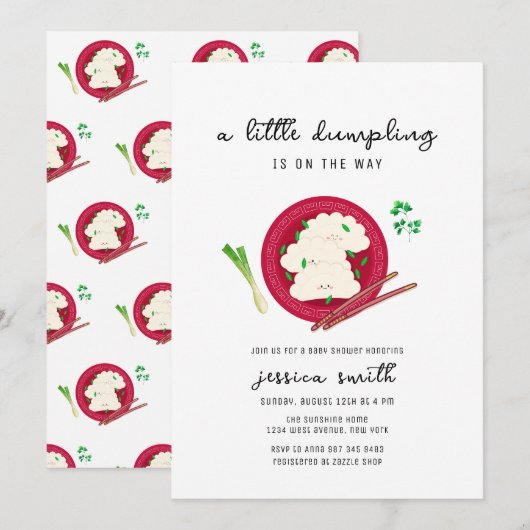 Invitation Fête de bébé thème Kawaii Chinois Dumpling Végétal (Devant / Derrière)