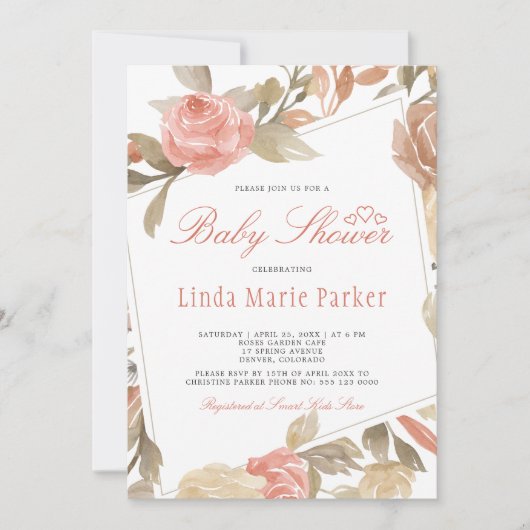 Invitation Fête de bébé thème Rose Pêche Crème Florale (Devant)