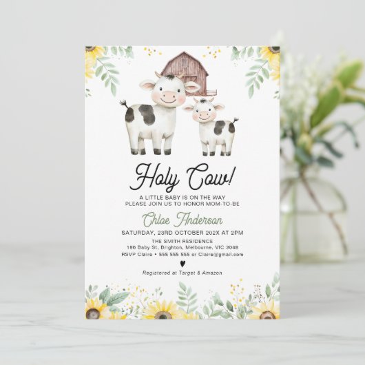 Invitation Fête de bébé thème tournesols vache sacrée mixte (Debout devant)