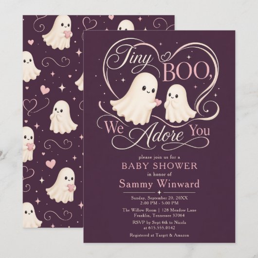 Invitation Fête de bébé Tiny Boo adoré (Devant / Derrière)