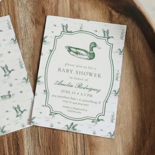 Invitation Fête de bébé toile Canard colvert neutre Gingham