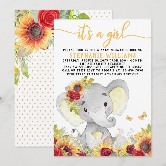 Invitation Fête de bébé Tournesol Papillon Éléphant (Devant / Derrière)