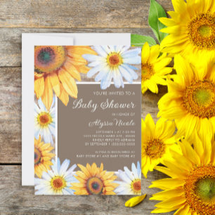 Invitation Fête de bébé tournesols marguerites blanches toile