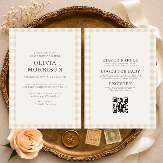 Invitation Fête de bébé tout en un gingham beige