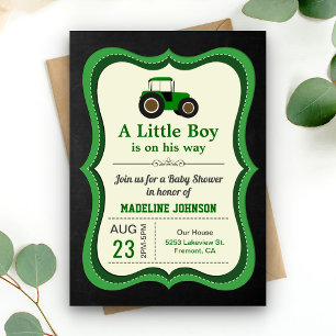 Invitation Fête de bébé tracteur de ferme vert tableau noir