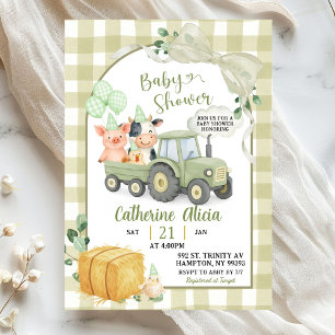 Invitation Fête de bébé tracteur vert à carreaux coquette
