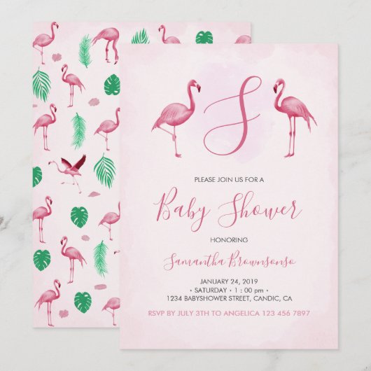 Invitation Fête de bébé tropicale Flamant Rose (Devant / Derrière)