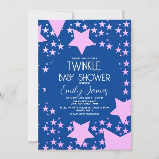 Invitation Fête de Bébé Twinkle Rose Etoiles Fond Bleu (Devant)