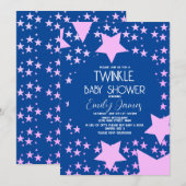 Invitation Fête de Bébé Twinkle Rose Etoiles Fond Bleu (Devant / Derrière)
