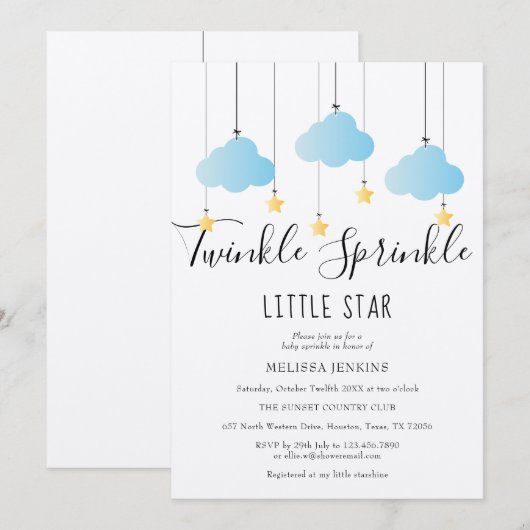 Invitation Fête de bébé Twinkle Sprinkle Bleu Rustique Bohème (Devant / Derrière)
