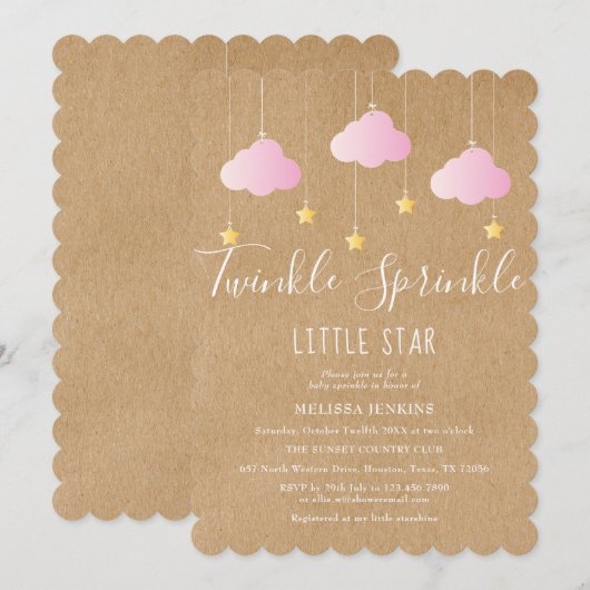 Invitation Fête de Bébé Twinkle Sprinkle Rose Bohème Rustique (Devant / Derrière)