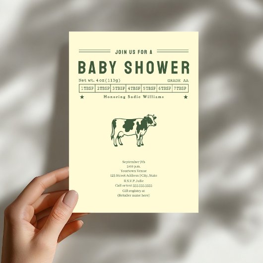 Invitation Fête de bébé vache au beurre vert neutre