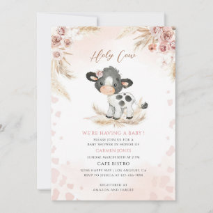 Invitation Fête de bébé Vache sacrée florale rose
