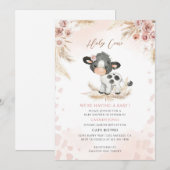 Invitation Fête de bébé Vache sacrée florale rose (Devant / Derrière)