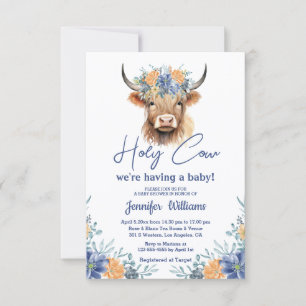 Invitation Fête de bébé vache sainte florale bleue et orange