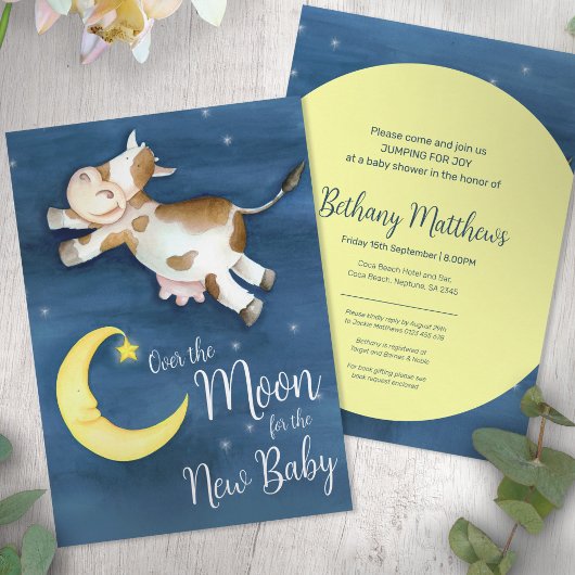 Invitation Fête de bébé vache sautant par-dessus la lune