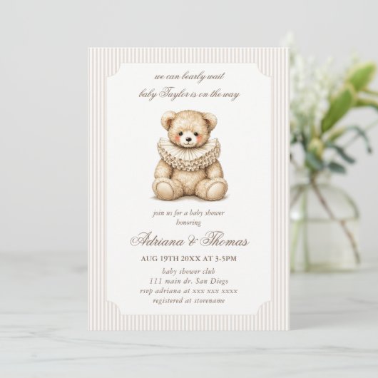 Invitation Fête de bébé vintage ours neutre (Debout devant)