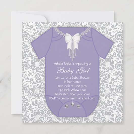 Invitation Fête de bébé violet et gris (Devant)