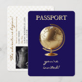 Invitation Fête de bébé voyage Passeport Globe Doré (Devant / Derrière)