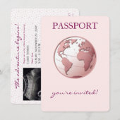 Invitation Fête de Bébé Voyage Passeport Globe Rose (Devant / Derrière)