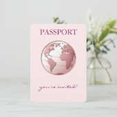 Invitation Fête de Bébé Voyage Passeport Globe Rose (Debout devant)