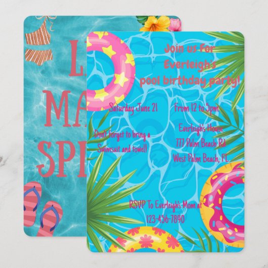 Invitation Fête de billard pour filles Anniversaire d'été (Devant / Derrière)